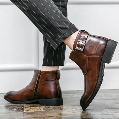 Polished brown Salto erkek bot with side zippers and buckle details