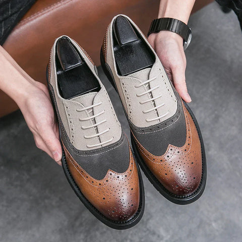 Tri-color Lentor rugan erkek wingtip Oxford ayakkabıları brogue detaylı