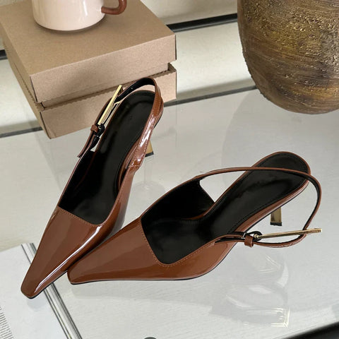 Jorinan kadın topuklu ayakkabı, kahverengi deri slingback kitten heel ve sivri burun