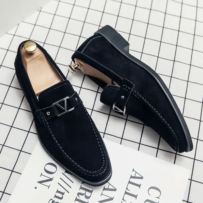 Gorel erkek loafer, siyah süet, gümüş tokalı şık tasarım