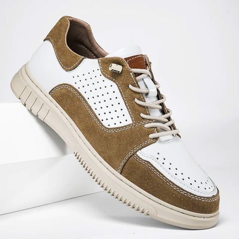 Marvil unisex converse featuring white perforated leather and tan suede panels