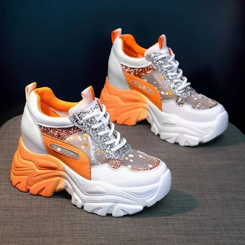 Cynira kadın sneakers with chunky platform and orange-silver glittery accents