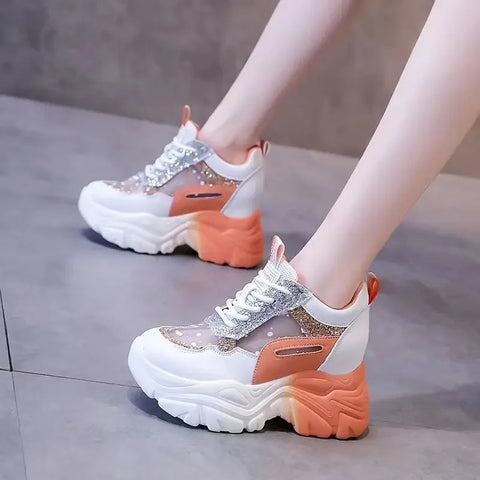 Cynira kadın sneakers, beyaz, gümüş ve turuncu renkli chunky platform ayakkabılar