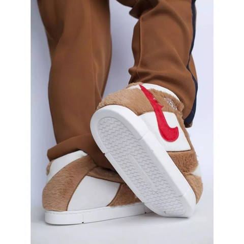 Brown peluş sneakers with red swoosh logo on sole, AIR FORCE 5 model in tan and white