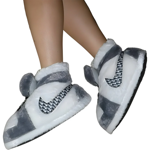 Fluffy gray and white Dıor peluş sneakers with mouse ears design