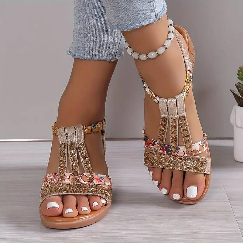 Gold floral embellished T-strap sandals Barbara, gün boyu şıklık için ideal