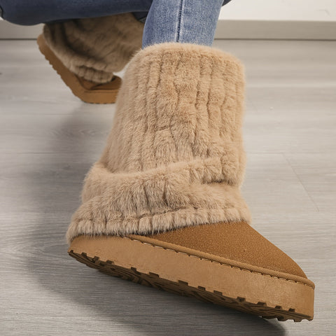 Fluffy tan Zalara kadın kürklü bot with furry upper and textured sole