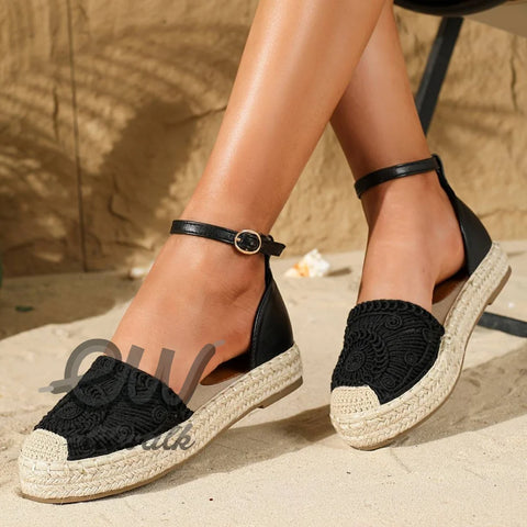 Black lace espadrille kadın sandalet with ankle straps from Elitwalk Bliss