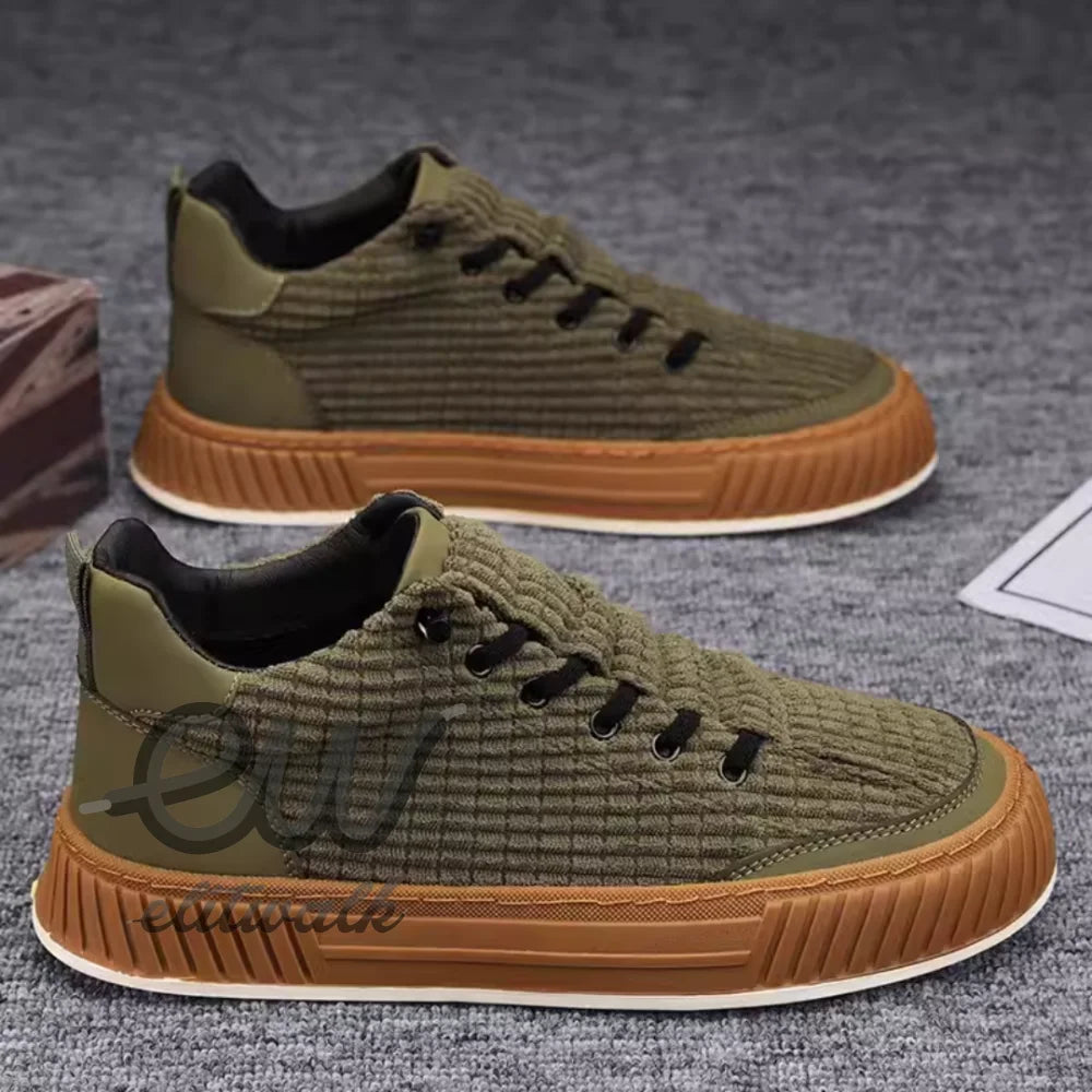 Olive yeşil Branor erkek sneakers, korduroy benzeri doku ve kauçuk tabanlarla