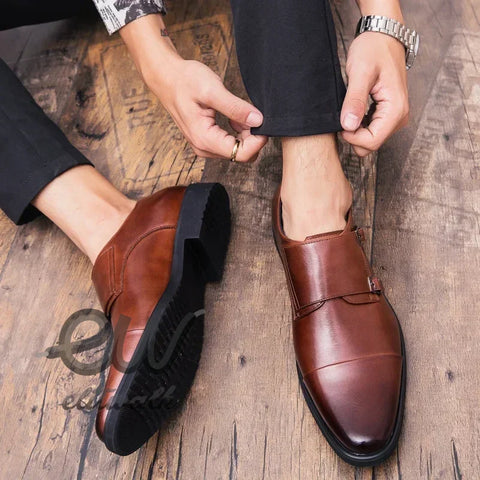 Cavon Rugan erkek kahverengi deri monk strap ayakkabılar