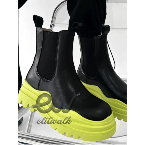 Corden unisex bot, chunky black Chelsea boots with neon yellow platform soles