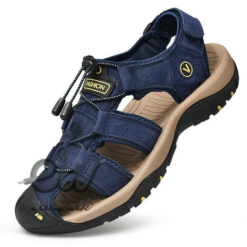 Navy blue Dalron unisex sandalet with tan sole and yellow accents for comfort