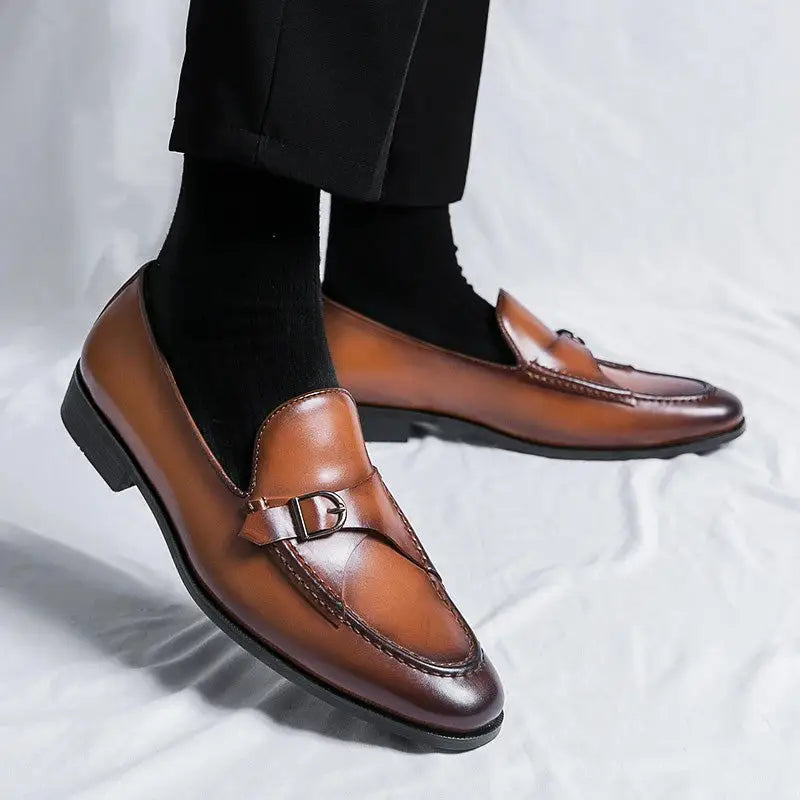 Daril erkek loafer, kahverengi deri ve metal tokalı şık ayakkabılar