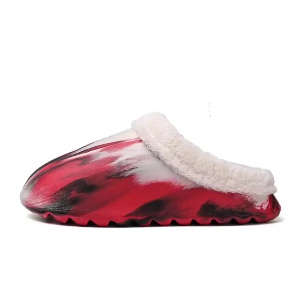 Kırmızı ve siyah tie-dye desenli Delin unisex terlik, beyaz peluş astarlı