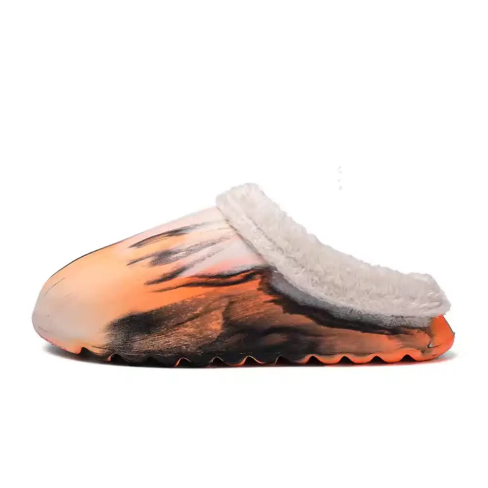 Fur-lined Delin unisex terlik with flame-like orange and black exterior pattern