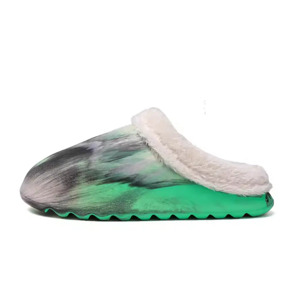 Fur-lined Delin unisex terlik with green sole and marbled gray upper design