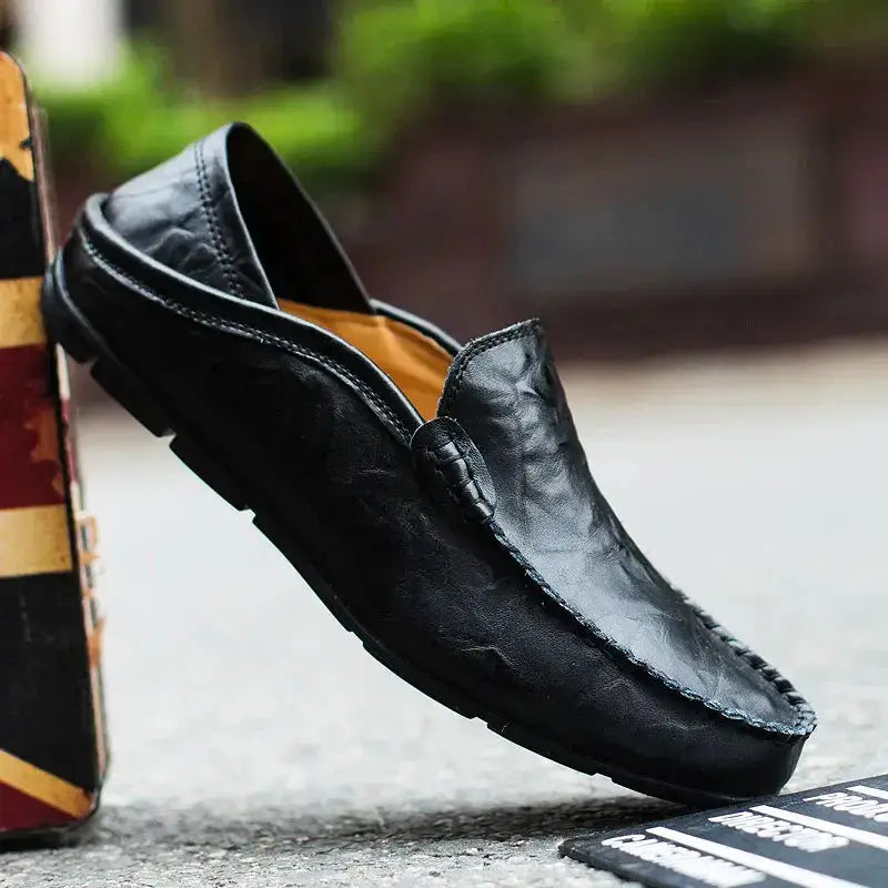 Delmo erkek loafer, siyah deri sürücü loafer, mokasen dikişli tasarım