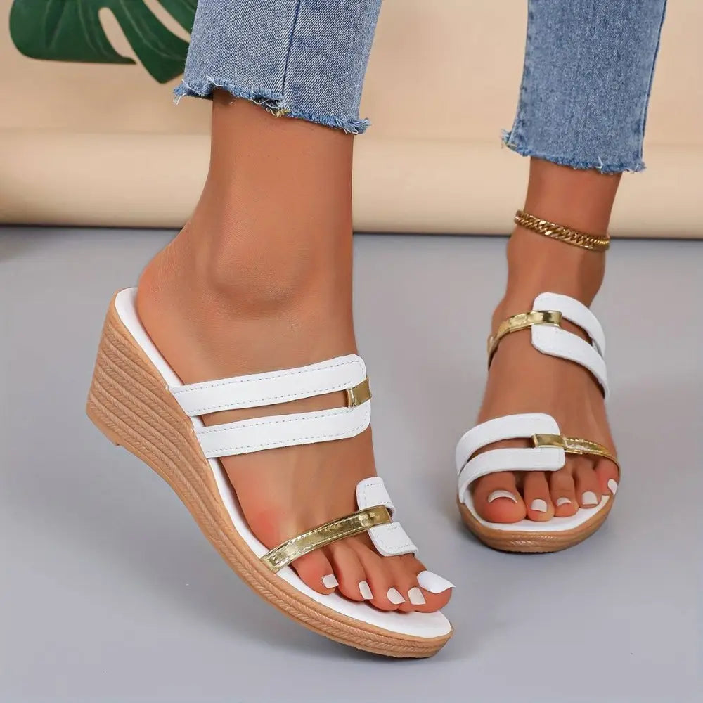 Beyaz ve altın strappy wedge sandal, Elitwalk Faux kadın sandalet tasarımı