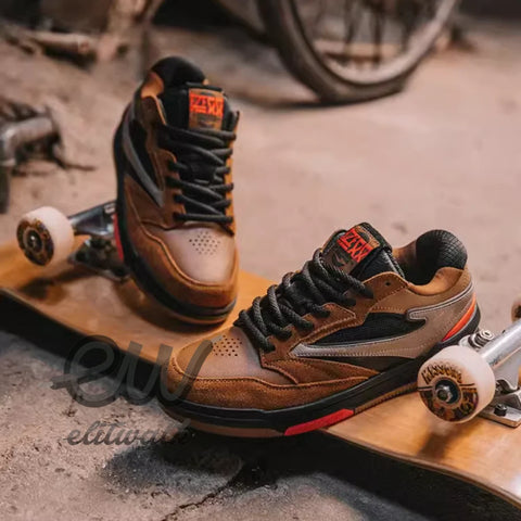 Felkin unisex sneakers in brown and black on a skateboard