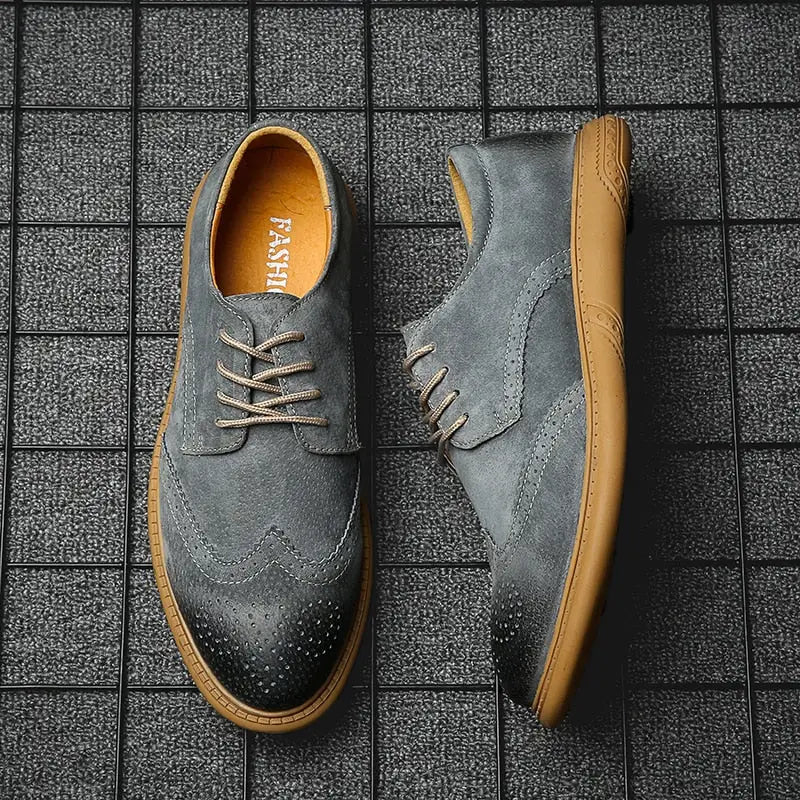 Fenoran erkek rugan, gri süet wingtip oxford ayakkabılar, brogue detaylı