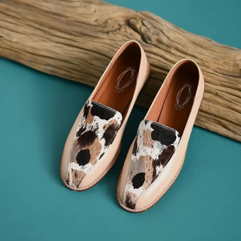 Brown and white cow print leather loafers from Fervilo Rugan for kadın