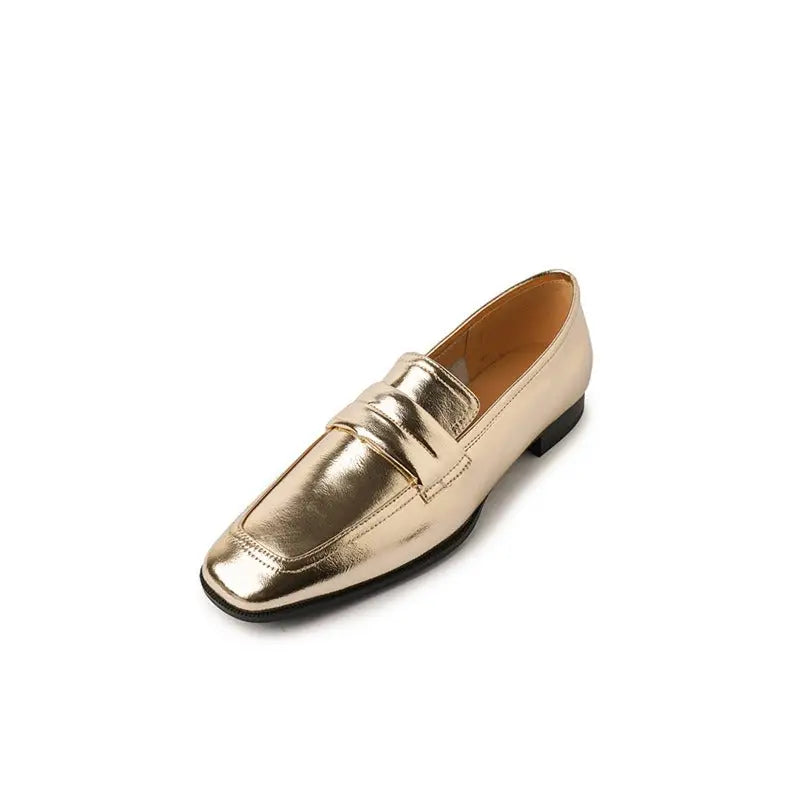 Metallic gold leather penny loafer with square toe from Forlino kadın rugan koleksiyonu