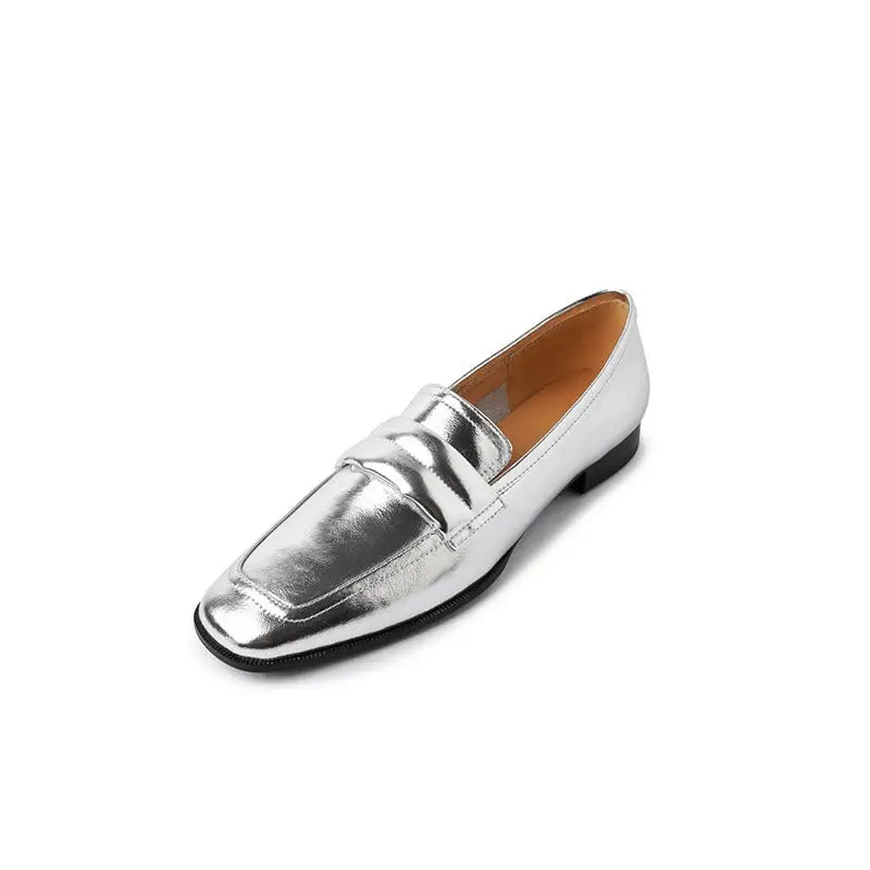 Metallic gümüş deri loafer, Forlino kadın rugan koleksiyonundan, kare burunlu