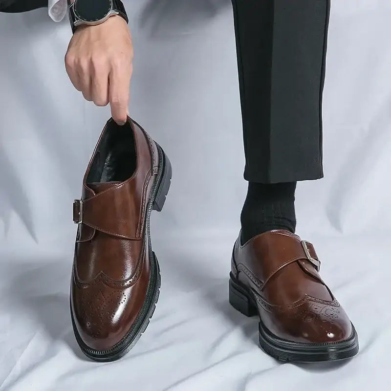 Galir erkek rugan kahverengi deri monk strap ayakkabıları, kalın tabanlı