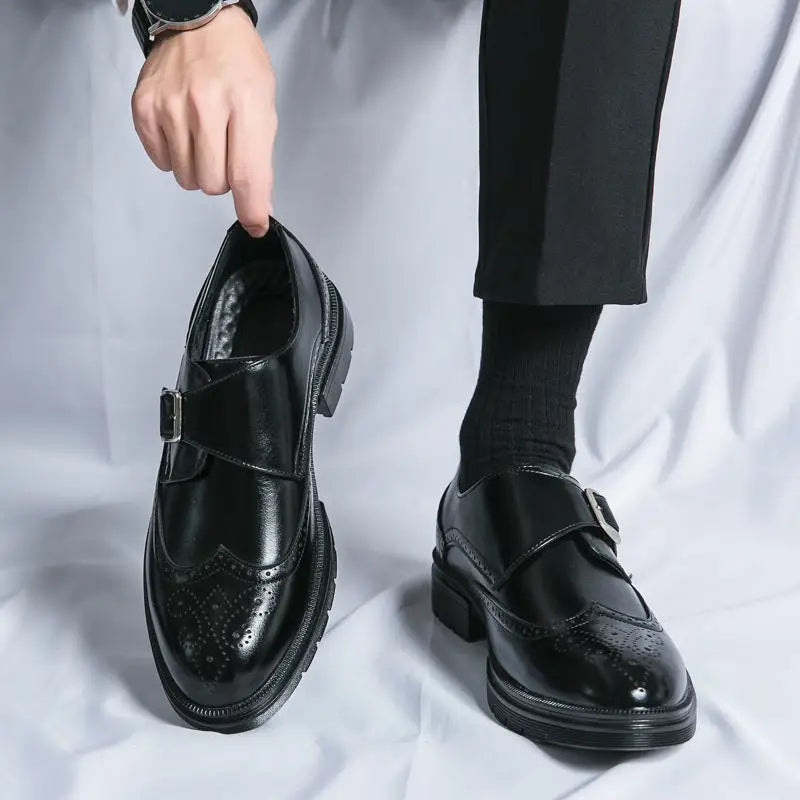 Galir erkek rugan siyah deri monk strap ayakkabı brogue detaylarıyla