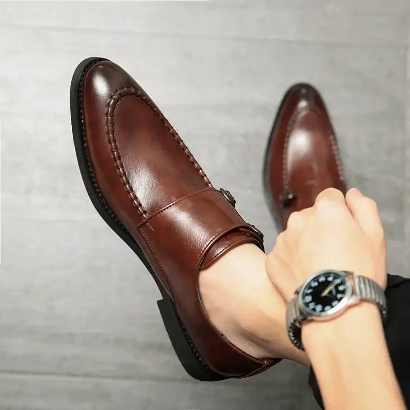 Garel Rugan kahverengi deri monk strap ayakkabı kaymaz taban ile şık tasarım