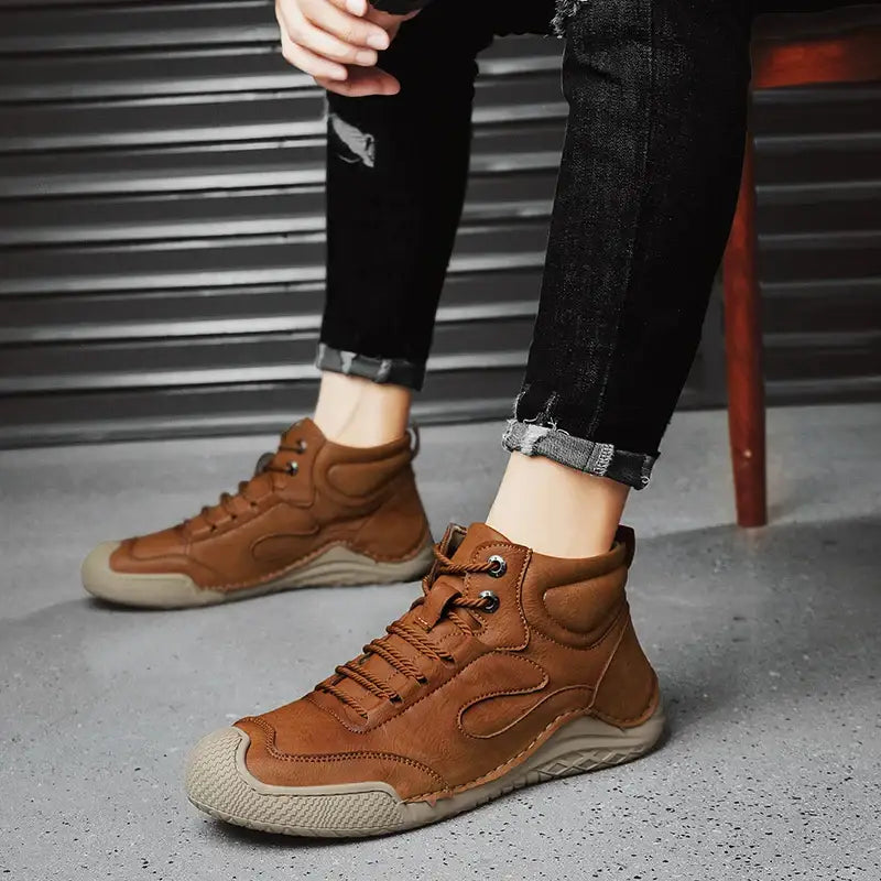 Garex erkek günlük kahverengi deri yüksek topuklu sneakers, bağcıklı tasarım