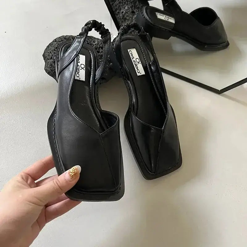 Garlino kadın topuklu siyah kare burunlu slingback düz taban ayakkabılar