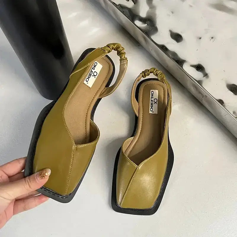 Garlino kadın topuklu ayakkabı, siyah kenarlı zeytin yeşili slingback ayakkabılar