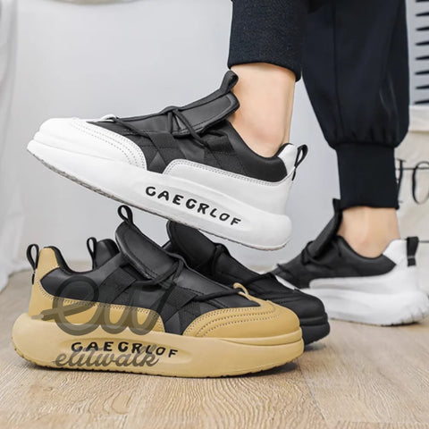 Garvin sneakers with GAEGRLOF branding in black/white and black/tan color combinations