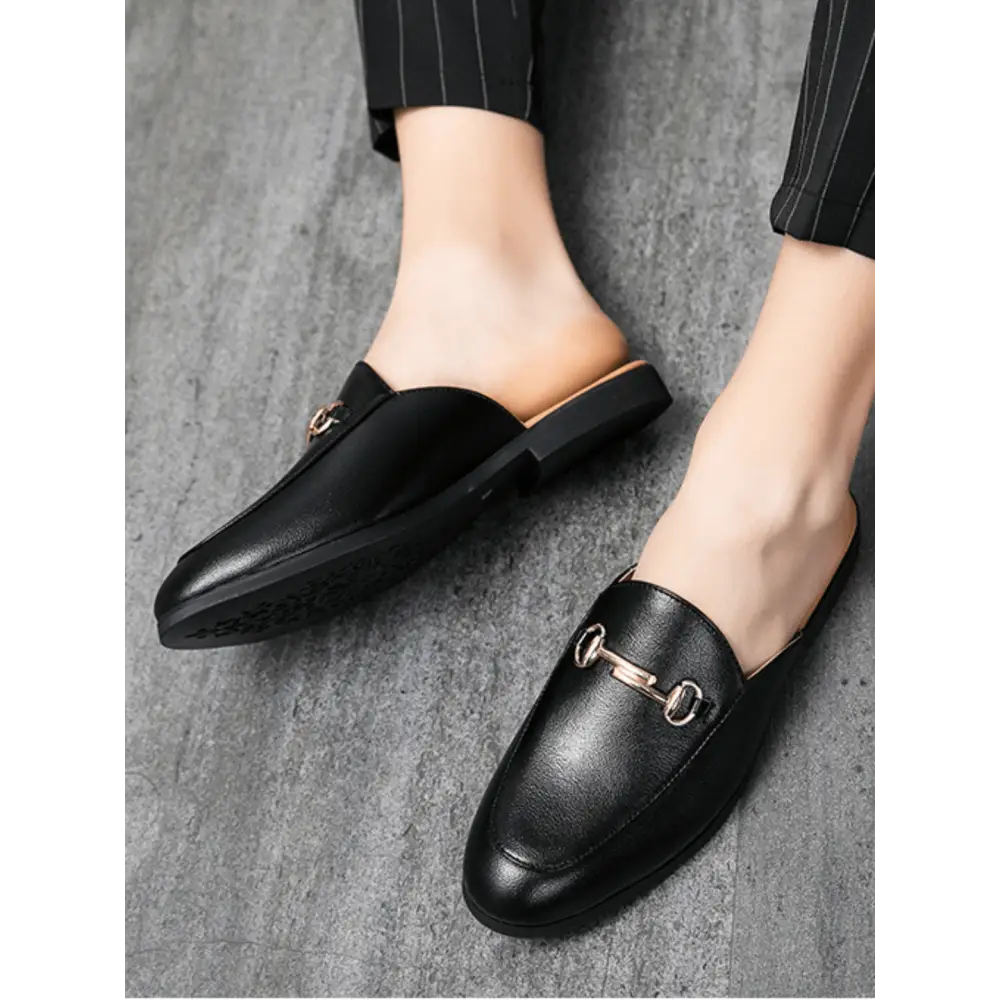 Jalim erkek loafer, siyah deri kaydırmalı loafer, metal aksesuar detaylarıyla