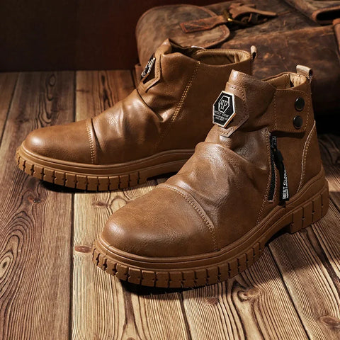 Rugged brown leather Jaron bot with thick soles, perfect for günlük kullanım ve üstün konfor