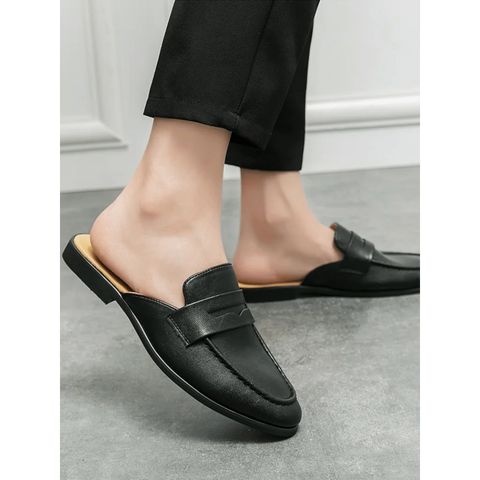 Jorlen erkek terlik, siyah deri slip-on mule loafer, vamp üzerinde penni detaylı