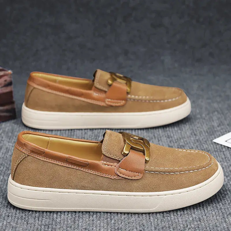 Kalir erkek loafer, altın tokalı, beyaz tabanlı, kelebek süet ayakkabı