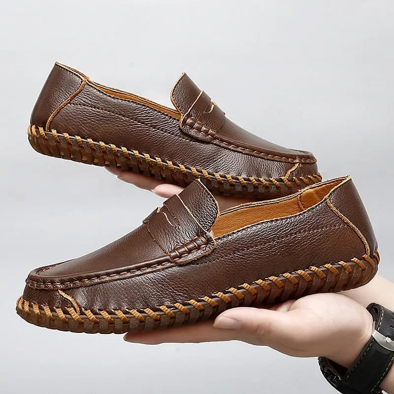 Lendro erkek loafer, kahverengi deri, mokasen tarzı dikişli, şık tasarım