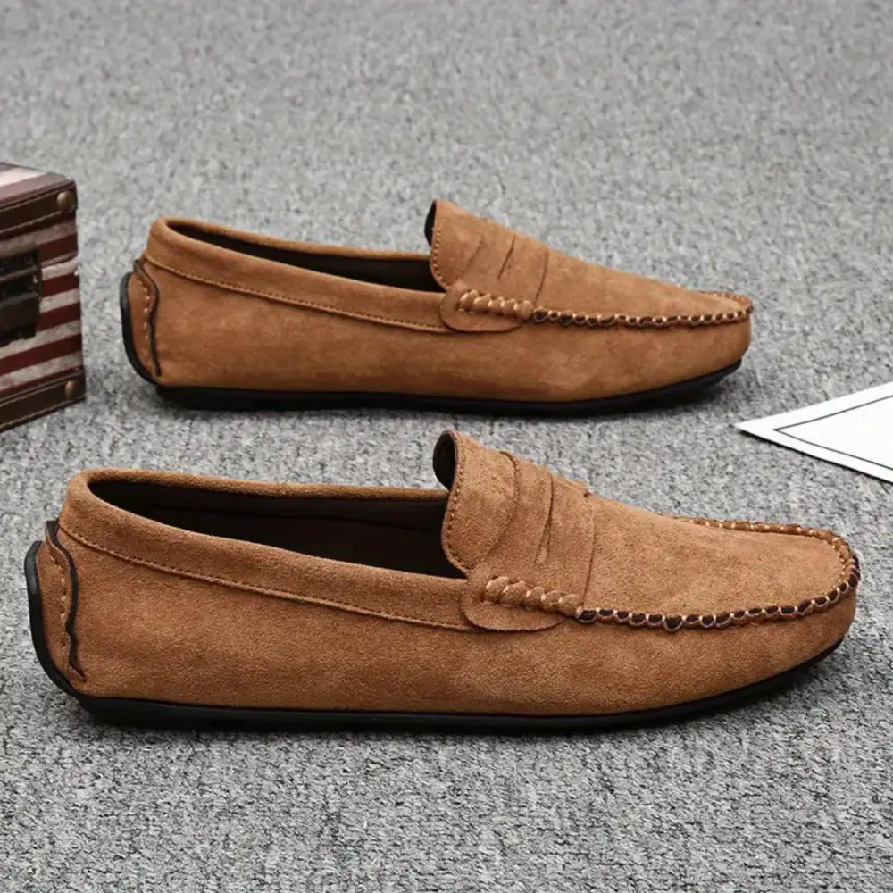 Lerin erkek loafer, kahverengi süet penny şeritli loafer çifti