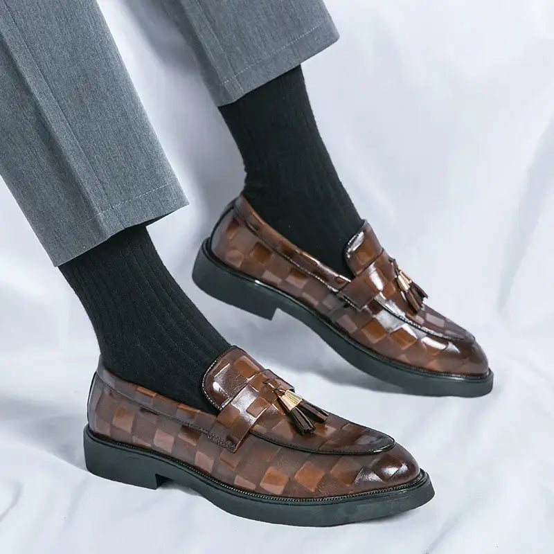 Limor erkek loafer, kahverengi deri, tasselli ve kare desenli ayakkabılar