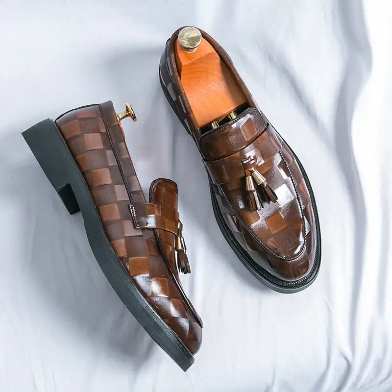 Limor erkek loafer, kahverengi deri ayakkabılar, püskül detaylı, kare desenli