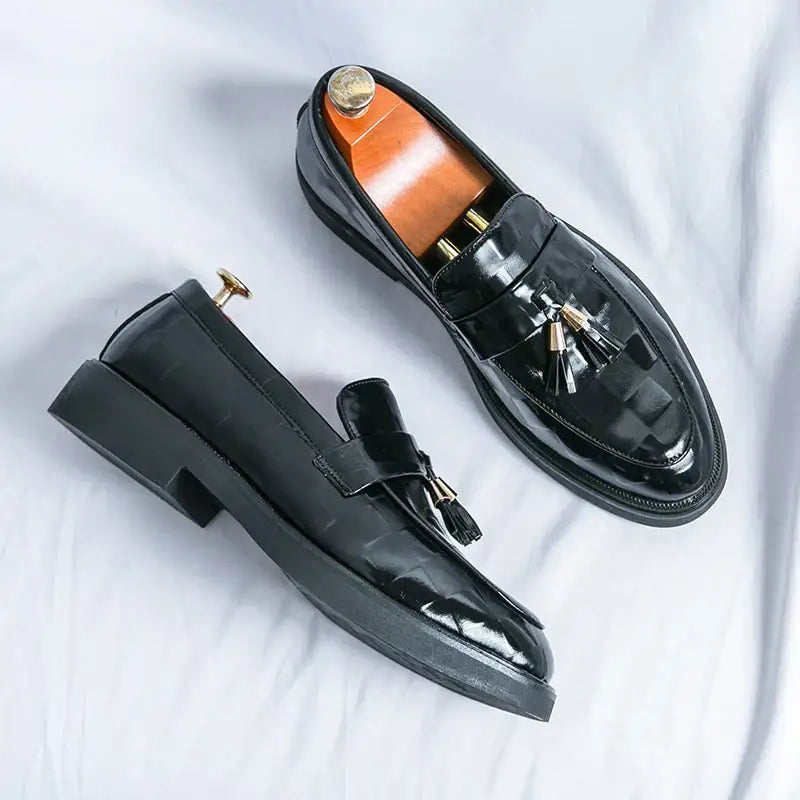 Limor erkek loafer, şık sedef işlemeli, gloss siyah deri kloş ayakkabı