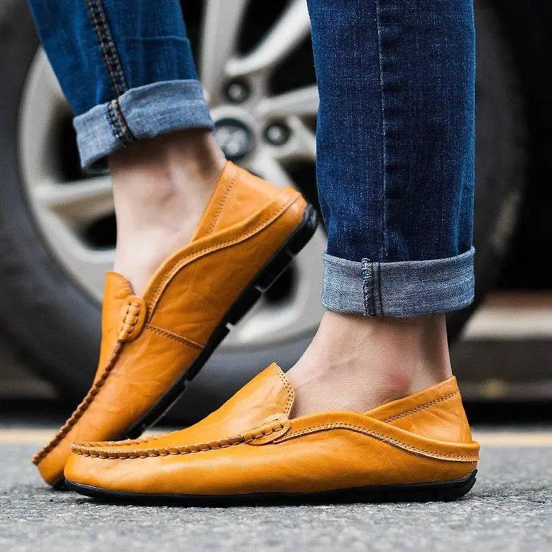 Tan deri Lomarino erkek günlük ayakkabı, moccasin dikiş detaylı slip-on loafer