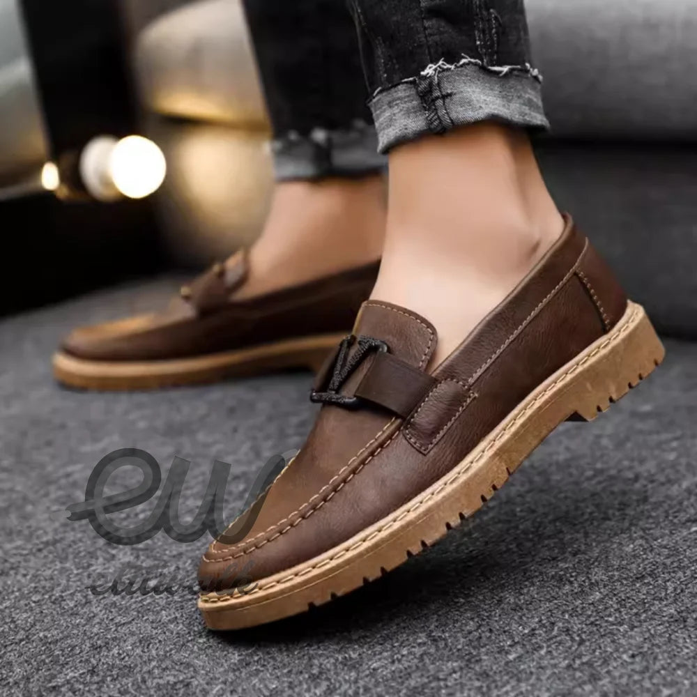 Brown leather loafer with chunky sole, decorative strap; Malten günlük ayakkabı