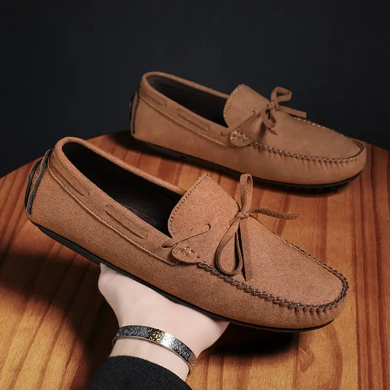 Tan süet Marlin loafer erkek, dekoratif kurdeleli sürüş mokasenleri