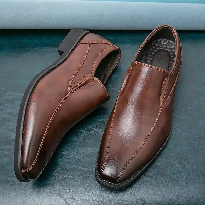Marven rugan erkek ayakkabı, kare burunlu kahverengi deri slip-on ayakkabılar