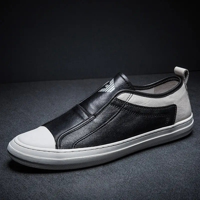 Melir erkek loafer, şık siyah-beyaz, kontrast burun kapaklı slip-on sneaker