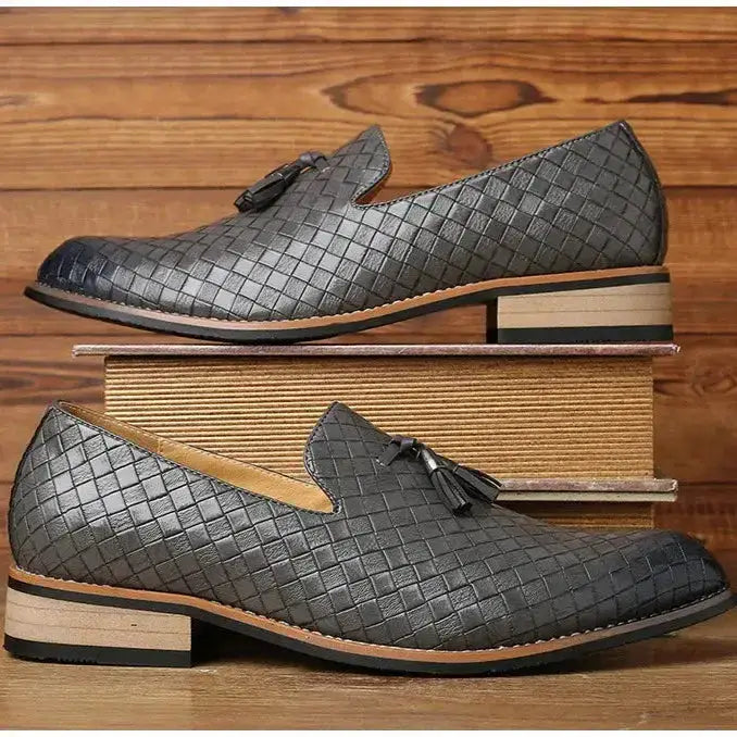 Miral erkek loafer, gri dokuma deri, ponponlu ve ahşap topuklu