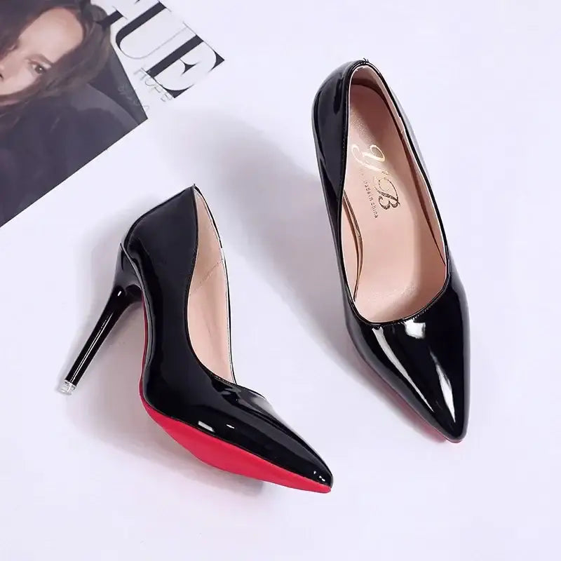 Noril kadın topuklu siyah saten stiletto ayakkabılar, kırmızı tabanlı şıklık